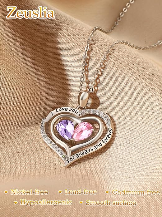 Zeuslia Double Birthstone Necklace Gifts for Wife - 925 Sterling Silver Sunflower/Rose/Crown Cross/Compass/Heart Pendant I Love You Necklace, Anniversary Birthday Gifts for Wife Girlfriend Mom Her