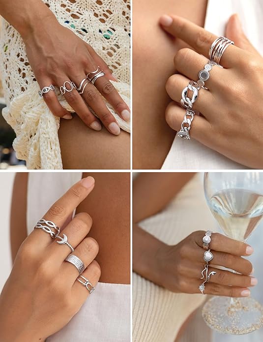 LOLIAS 16Pcs Stainless Steel Rings for Women Chunky Silver Rings Non Tarnish Stackable Ring Open Adjustable Thumb Finger Statement Rings Set