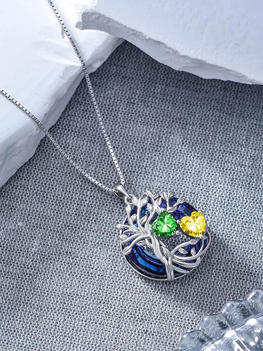 TOUPOP s925 Sterling Silver Family Celtic Tree of Life Pendant Necklaces with 2 Heart Birthstone with Blue Austrian Crystal Jewelry Birthday Anniversary Christmas Gifts for Her Wife Girlfriend Mom (18K Real White Gold Filled)