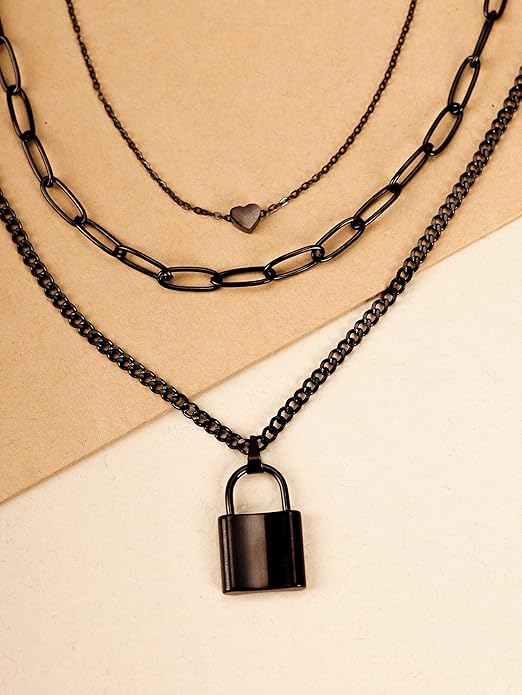 Sacina Gothic Silver-Tone, Black Layered Heart Lock Necklace, Emo Grunge Punk Necklace, Goth Jewelry, Halloween Christmas Jewelry Gift For Women