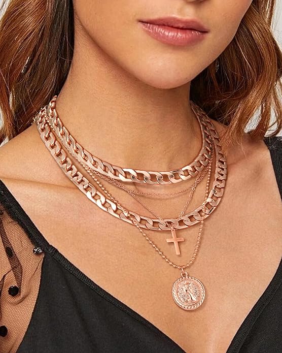 MJartoria Layered Necklaces for Women Trendy Retro Coin Pendant Necklace Dainty Chunky Chain Choker Necklaces for Jewelry Birthday Gifts