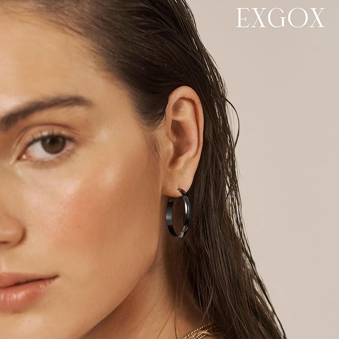 EXGOX 5mm Wide Gold Hoop Earrings for Women,Sterling Silver Hoop Earrings Large Silver Hoop Earrings Hypoallergenic Lightweight 14K Real Gold Plated Big Hoop Earrings for Women 30/40/50/60/70mm