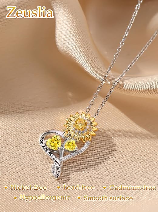 Zeuslia Double Birthstone Necklace Gifts for Wife - 925 Sterling Silver Sunflower/Rose/Crown Cross/Compass/Heart Pendant I Love You Necklace, Anniversary Birthday Gifts for Wife Girlfriend Mom Her