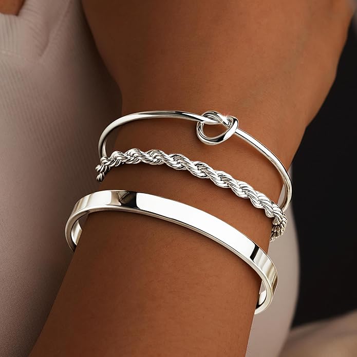 Silver Bracelets for Women Stack, Silver or Gold Plated Cuff Bangle Set, Trendy Silver Jewelry for Women Fashion