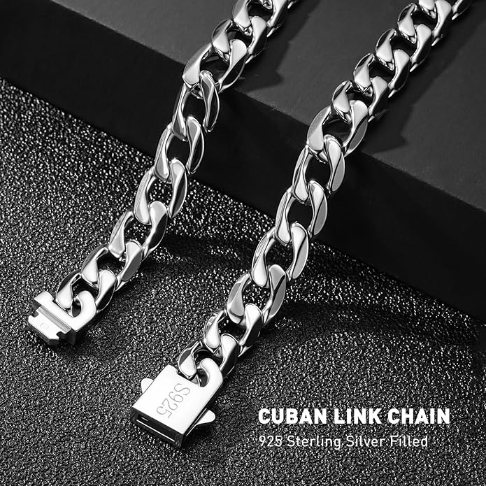 PAITAIN 11MM Cuban Link Chain for Men Silver Chains for Men, 316L Stainless Steel and 925 Sterling Silver Filled, Sliver Mens Chain, Available In 20/22/24/26/28/30 Inches, Black Silver Mens Necklaces