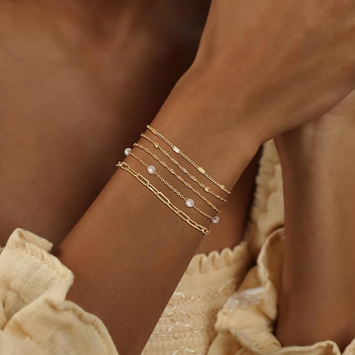MBW Gold Bracelets for Women Trendy, Dainty 14K Gold Plated Bracelet Stack Beaded Chain Bracelet Set Thin Small Cute Paperclip Bracelets Fashion Waterproof Jewelry Gift Gold Accessories for Women