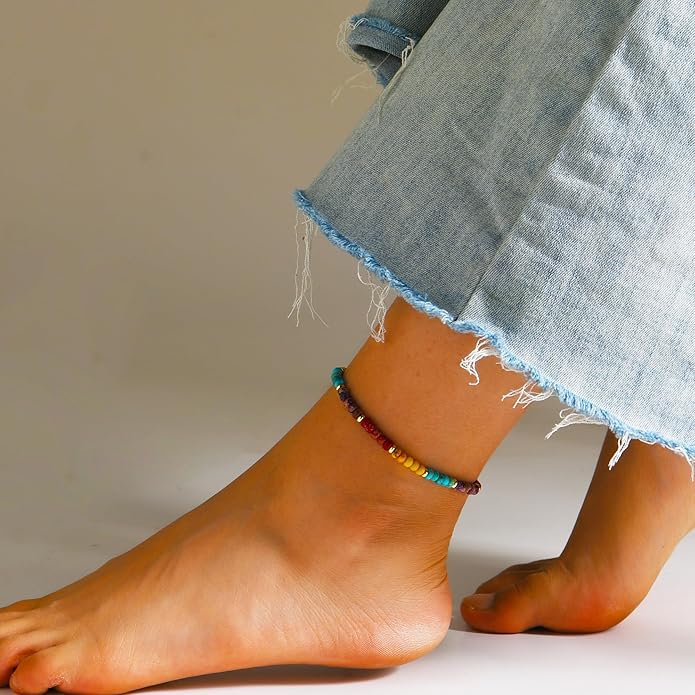 Natural Stone Beaded Anklets Bracelets for Women Handmade Beaded Anklet Bracelet Waterproof Boho Beads Ankle Bracelet Adjustable Summer Jewelry