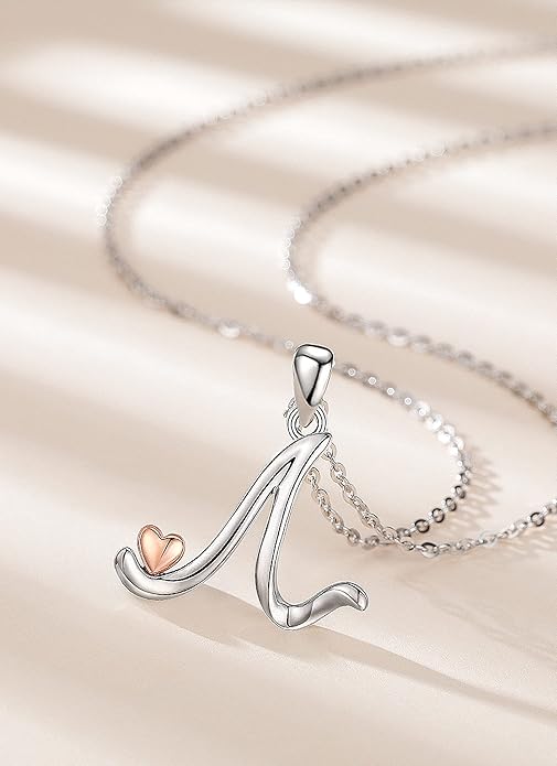 CELESTIA 925 Sterling Silver Initial Necklaces 26 Letter with Rose Gold Heart - 18 Inch Chain