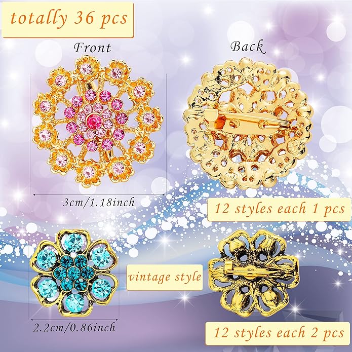 MTLEE 36 Pieces Brooches and Pins for Women Rhinestone Brooches Bulk Crystal Vintage Decorative Flower Lapel Pins Mixed Color Costume Jewelry Retro for Wedding Party Bouquet Crafts Kit Gifts