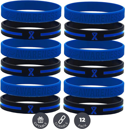 Inkstone (12-pack) Blue Awareness Ribbon Silicone Wristbands - Wholesale Bulk Pack of 1 Dozen Bracelets in Unisex Adult Size…