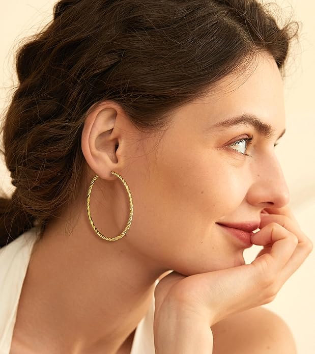 AllenCOCO Gold Hoop Earrings for Women, 18K Gold Plated Twisted Rope Design, Textured Thin Round Hoops with Sterling Silver Post Hypoallergenic 20-70mm