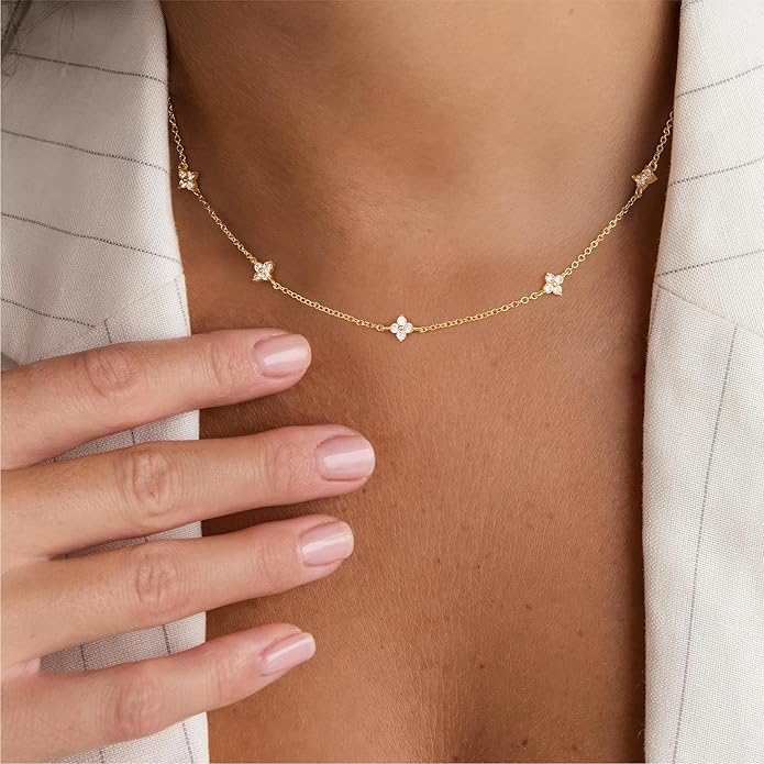 M MOOHAM Gold Clover Heart Pearl Butterfly Star flower Choker Necklace for Women - Dainty 14K Gold Plated Cubic Zirconia Cute Station Necklaces for Women Trendy Prom Jewelry Gifts