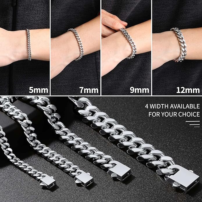 ChainsHouse Stainless Steel Cuban Link Bracelet for Men, 5mm/7mm/9mm/12mm Width, 7.5"/8.3"/9" Length, Black/18K Gold Plated Chain Wrist Bracelets for Men, with Gift Box
