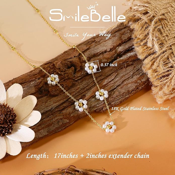 SmileBelle Pearl Necklaces for Women, Daisy Pearl Choker as Y Shaped Pearls Jewelry Gold Heart Necklace for Anniversary Birthday Gifts White Baroque Necklace as Wedding Jewelry
