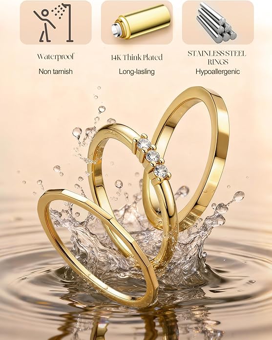 FIBO STEEL 14K Gold Plated Stackable Rings for Women Non Tarnish - Dainty Rings Cubic Zirconia Thin Ring Set Minimalist Thumb Stacking Ring Size 5-11