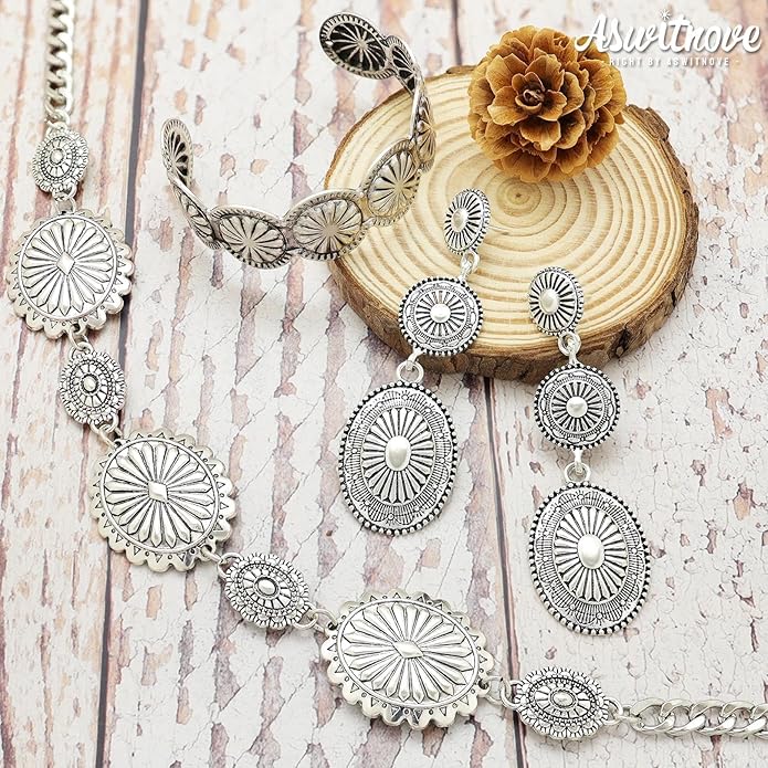 3 Pcs Western Concho Costume Jewelry Set for Women Western Dangle Earrings Boho Choker Necklace Bohemian Cuff Bracelet Cowboy Chic Country Concert Outfits for Women Christmas Jewelry Gift
