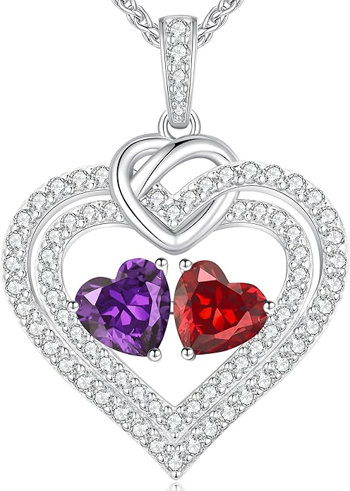 LOUISA SECRET Sparkling Double Heart Birthstone Necklaces for Women, 925 Sterling Silver Fine Jewelry, Pendant Heart Necklaces Birthday Anniversary Christmas Gift for Women Wife Mom Girlfriend Lady