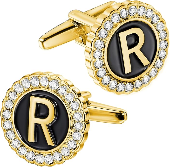 HAWSON A-Z Initial Cufflinks for Men and Women with Clear Crystal, Gold Silver Color Rasied Letter A-Z Cuff Links for French Shirt, Gift for Normal and Business Wearing