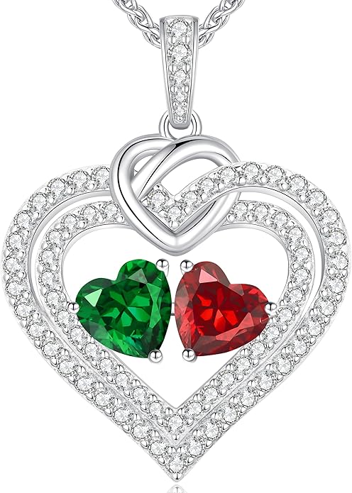 LOUISA SECRET Sparkling Double Heart Birthstone Necklaces for Women, 925 Sterling Silver Fine Jewelry, Pendant Heart Necklaces Birthday Anniversary Christmas Gift for Women Wife Mom Girlfriend Lady