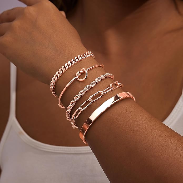 Gold Bracelets for Women Non Tarnish, 14K Gold Plated Chunky Cuff Bracelet Gold Bangles Bracelet for Women Trendy Tie Knot Cuban Rope Paperclip Beaded Bracelet Stack Jewelry Gifts