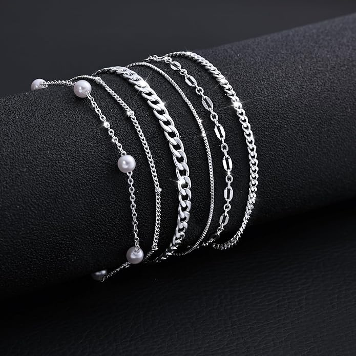 MBW 14K Silver Plated Bracelets for Women, Dainty Silver Bracelets for Women Set Bracelet Stack Waterproof Jewelry for Women Trendy Minimalist Simple Small Thin Bracelet Set for Women Teen Girls Gift