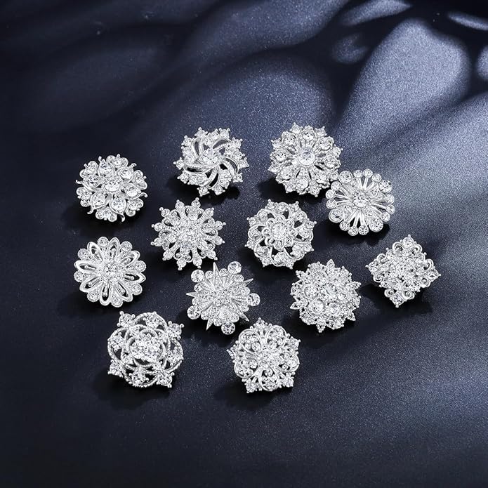 Assorted Small Size Crystal Rhinestone Flower Brooch Pins Set for Crafts Embellishment, Wedding Bouquet Brooches for Women Fashion