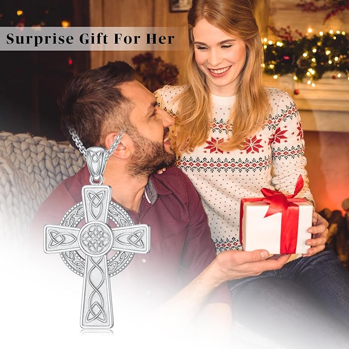 Midir&Etain Celtic Cross Necklace 925 Sterling Silver Cross Pendant Necklace Celtic Viking Irish Jewelry Religious Protective Gift for Men Women