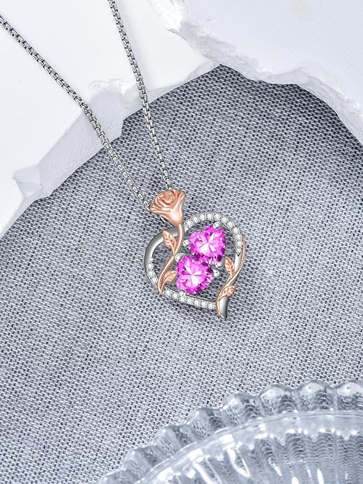 Christmas Gifts for Women Rose Heart Birthstone Pendant Necklace I Love You Forever Jewelry Valentine Mothers Day Birthday Gifts for Women Her Wife Girlfriend
