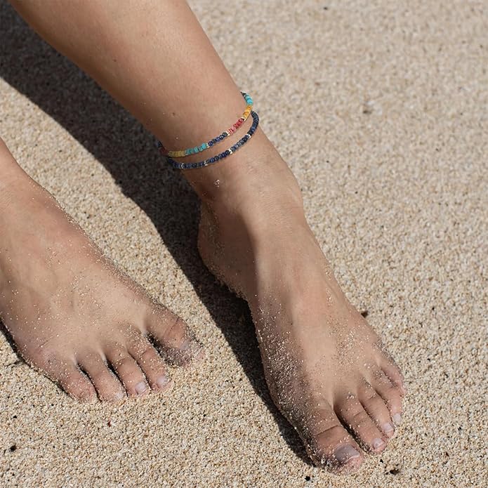 Natural Stone Beaded Anklets Bracelets for Women Handmade Beaded Anklet Bracelet Waterproof Boho Beads Ankle Bracelet Adjustable Summer Jewelry