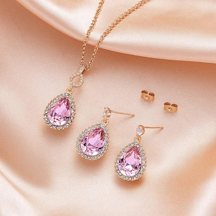 Austrian Crystals Teardrop Pendant Necklace Earrings for Women 14K Gold Plated Hypoallergenic Jewelry Set