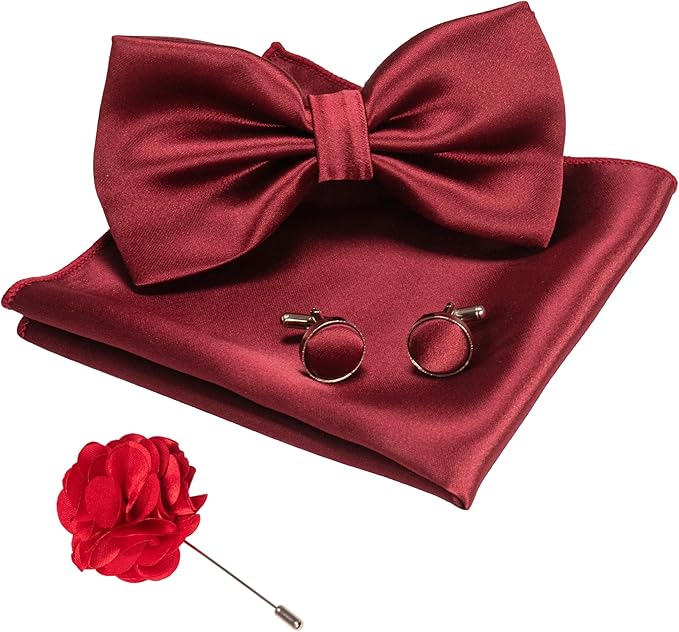 JEMYGINS Solid Color mens Pre-tied Bow Tie and Pocket Square Cufflinks Sets with Gift Box