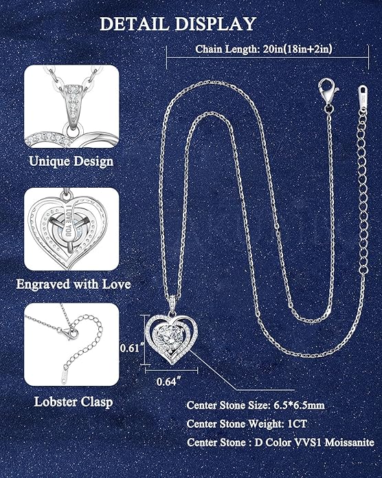 Moissanite Heart Necklaces,1-2 Carat Moissanite Necklace, Pendant Necklace Engraved with 'I LOVE YOU,Wedding Gifts,Birthday Gifts for Her,Jewelry Gifts for Christmas Valentine's Day