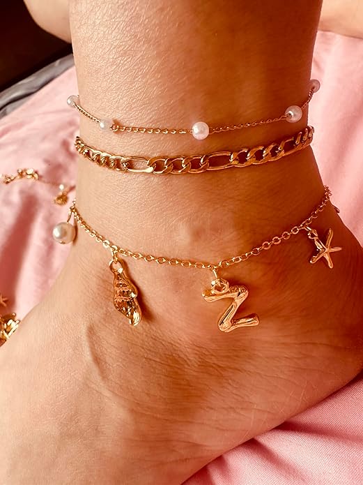 Initial Charm Anklets For Women Shell Letter Anklets Set Gold Charms Pendant Boho Summer Seashell Beach 14k Jewelry for Women Gift