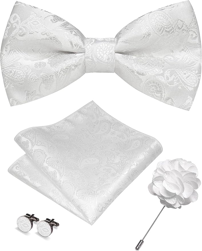JEMYGINS Paisley Pre-tied Bow Tie and Pocket Square Cufflinks Lapel Pin Sets for Men 4PCS
