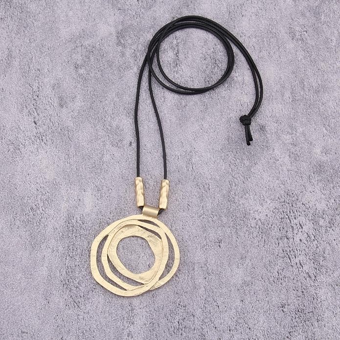 Long Boho Necklaces for Women Vintage Leather Wooden Pendant Y Choker Ethnic Style Gold Circle Hippie Sweater Necklace