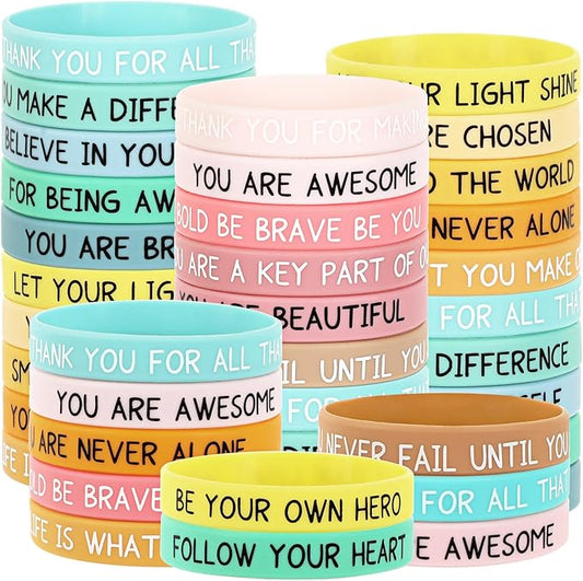 JUNEBRUSHS 64pcs Motivational Silicone Bracelets Bulk Colored Inspirational Rubber Wristbands Unisex for Student Teacher Office Prizes Gifts Back to School Party Favor Supplies (16 Designs)