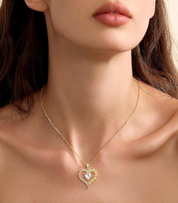 Beam & Bask 2-3 Carat Moissanite Rose Flower Heart Necklace for Her, Sterling Silver Plated with 18K Gold, Birthday, Wedding, Anniversary Pendant Jewelry for Girlfriend, Wife, Bride, Soulmate