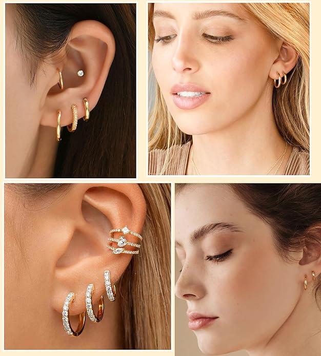 Cocadant 6 Pairs 925 Sterling Silver Small Hoop Earrings for Women,14k Real Gold Hypoallergenic Tiny Cubic Zirconia Cartilage Huggie Earring Sets for Multiple Piercing Trendy Jewelry 8/10/12mm