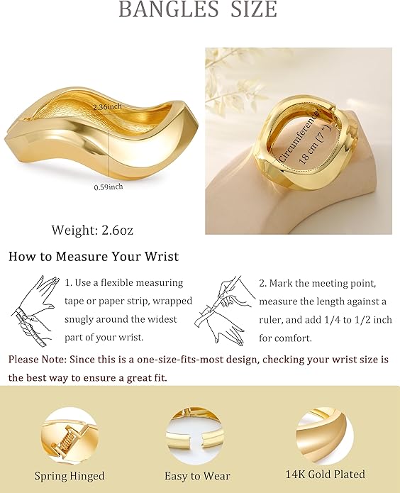 Bangle Bracelets for Women | 14K Gold Plated Trendy Wide Bracelets | Hinged Arm Cuff Bangles Chunky Bracelet for Women