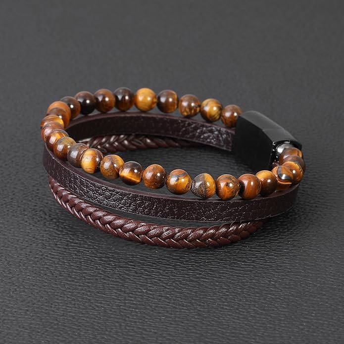 Gifts for Men - Layered Leather Beads Bracelet, Tiger Eye Lava Rock Stone Braided Leather Bracelets for Men Adjustable Magnetic Clasp Birthday Gifts