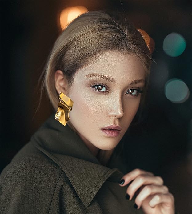 Statement Geometric Square Earrings for Women,14K Gold Plated Large Fashion Texture Irregular Minimalism Earrings,Trendy Ripple Boho Drop Dangle Earrings,Metal Modern Rectangle Retro 80s Jewelry