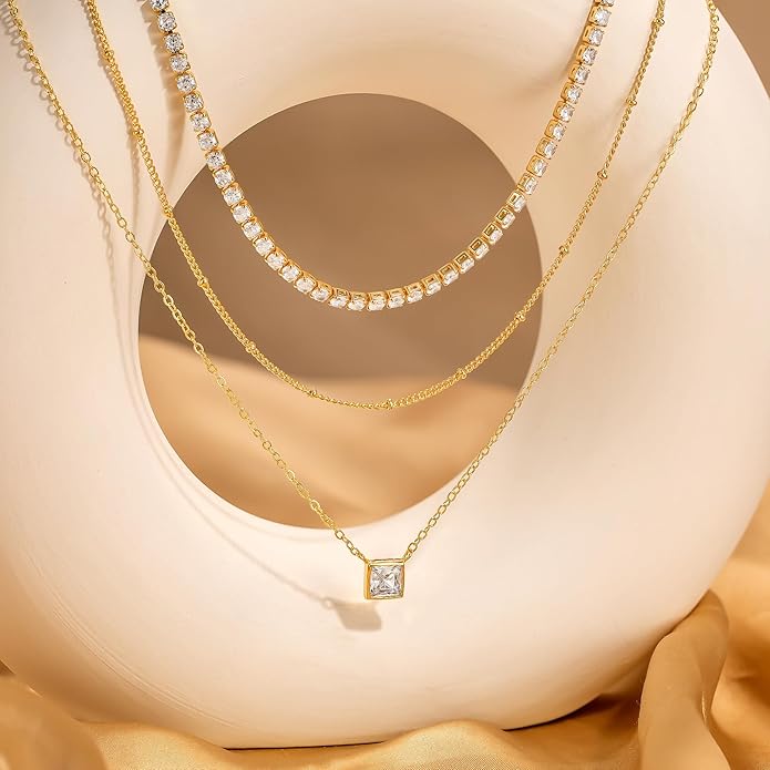 CHESKY 14K Gold Plated Layered Necklaces for Women,Dainty Gold/Silver Plated Chain Necklace CZ Pendant Necklace Adjustable Layering Choker Necklace jewelry Gifts