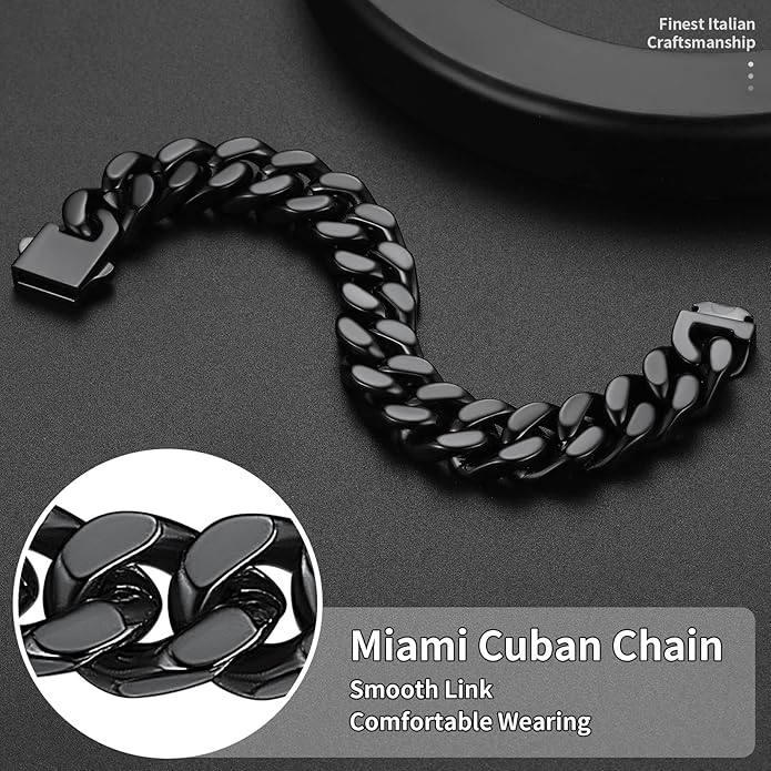 ChainsHouse Stainless Steel Cuban Link Bracelet for Men, 5mm/7mm/9mm/12mm Width, 7.5"/8.3"/9" Length, Black/18K Gold Plated Chain Wrist Bracelets for Men, with Gift Box