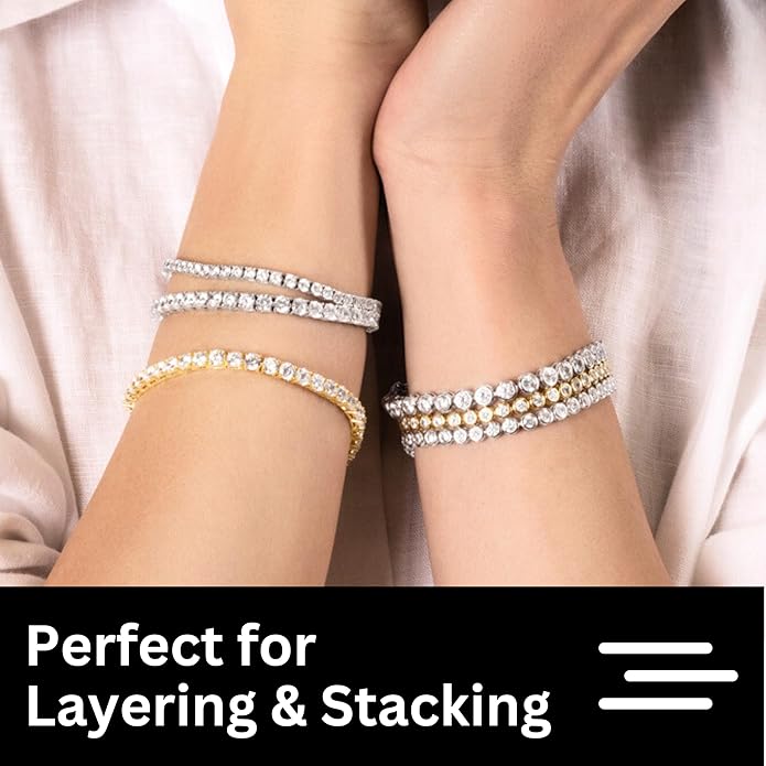 KISPER Tennis Bracelet for Women - 24K White Gold or Gold Plated Round Cut AAAAA CZ, 3mm/4mm Width, Elegant Jewelry Gift, 6.5/7/7.5 Inch