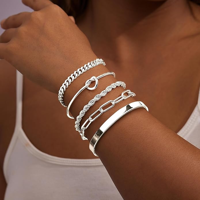 Gold Bracelets for Women Non Tarnish, 14K Gold Plated Chunky Cuff Bracelet Gold Bangles Bracelet for Women Trendy Tie Knot Cuban Rope Paperclip Beaded Bracelet Stack Jewelry Gifts