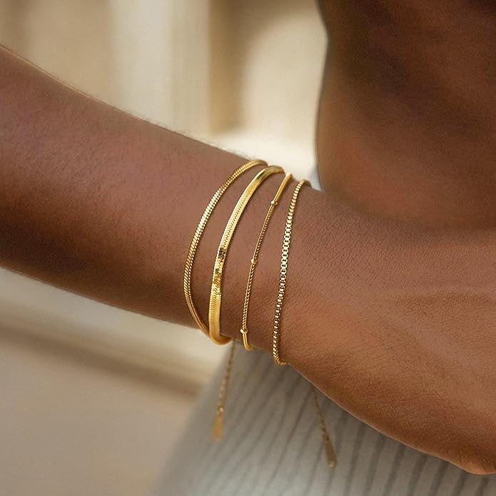 Dainty Gold Bracelets Stack for Women- 14K Gold Plated Bracelet Set Stainless Steel Chain Bracelet Dainty Gold Waterproof Jewelry Sets For Women's Fashion 2025 Trendy