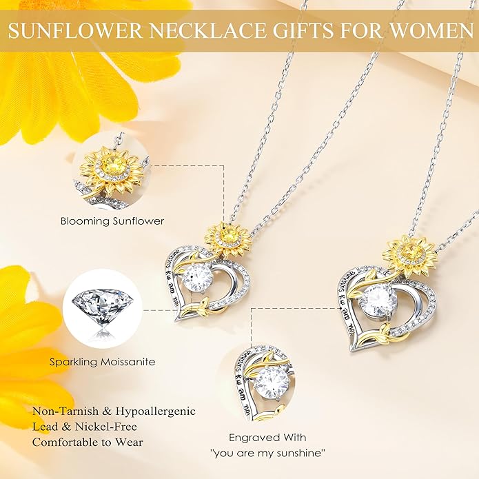 MOOSEA Sunflower Gifts for Her- 925 Sterling Silver Moissanite Sunflower Necklace Anniversary Birthday Gifts for Women Wife Girlfriend You Are My Sunshine Gifts Sunflower Jewelry