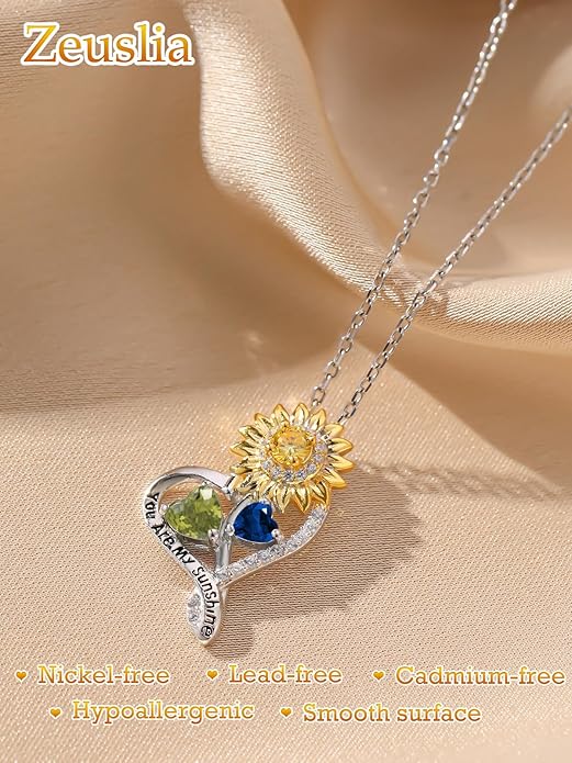 Zeuslia Double Birthstone Necklace Gifts for Wife - 925 Sterling Silver Sunflower/Rose/Crown Cross/Compass/Heart Pendant I Love You Necklace, Anniversary Birthday Gifts for Wife Girlfriend Mom Her