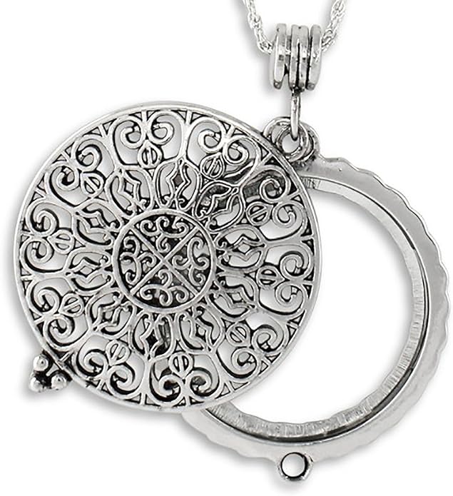 Artisan Owl Ornate Filigree 4x Magnifying Glass Sliding Top Pendant Necklace, 30"