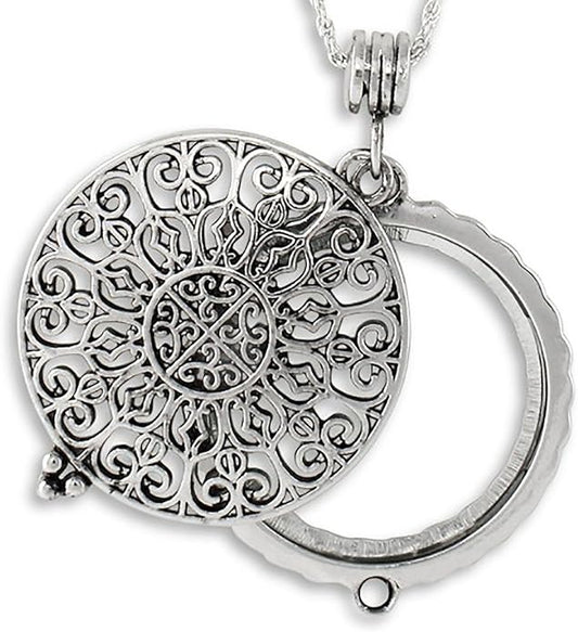 Artisan Owl Ornate Filigree 4x Magnifying Glass Sliding Top Pendant Necklace, 30"